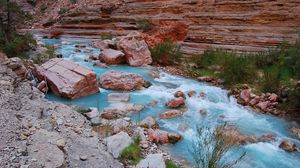 Preview wallpaper river, stones, blue water, mountain, rocks, grass, greens