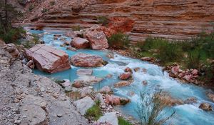 Preview wallpaper river, stones, blue water, mountain, rocks, grass, greens