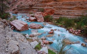 Preview wallpaper river, stones, blue water, mountain, rocks, grass, greens