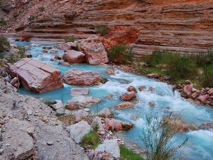 Preview wallpaper river, stones, blue water, mountain, rocks, grass, greens