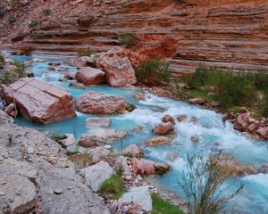 Preview wallpaper river, stones, blue water, mountain, rocks, grass, greens