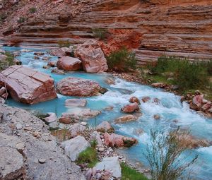 Preview wallpaper river, stones, blue water, mountain, rocks, grass, greens