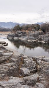 Preview wallpaper river, stones, bushes, mountains, nature