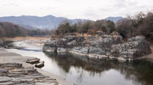 Preview wallpaper river, stones, bushes, mountains, nature