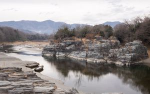 Preview wallpaper river, stones, bushes, mountains, nature