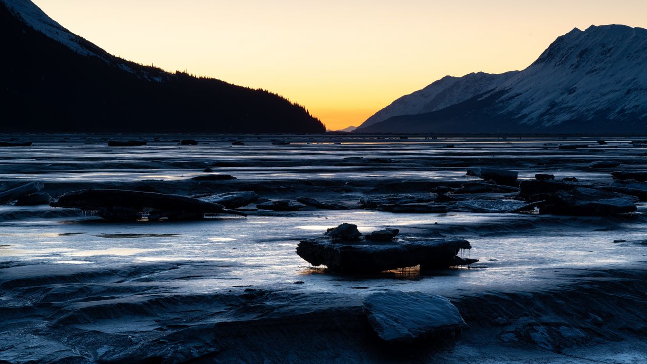 Wallpaper river, stones, cascade, mountains, twilight
