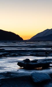 Preview wallpaper river, stones, cascade, mountains, twilight