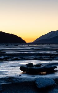 Preview wallpaper river, stones, cascade, mountains, twilight