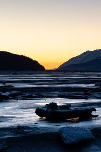 Preview wallpaper river, stones, cascade, mountains, twilight