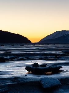 Preview wallpaper river, stones, cascade, mountains, twilight