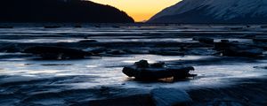 Preview wallpaper river, stones, cascade, mountains, twilight