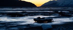 Preview wallpaper river, stones, cascade, mountains, twilight