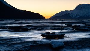 Preview wallpaper river, stones, cascade, mountains, twilight