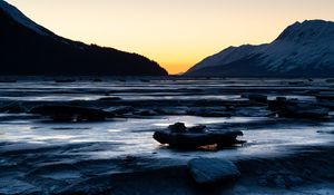 Preview wallpaper river, stones, cascade, mountains, twilight
