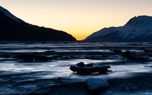 Preview wallpaper river, stones, cascade, mountains, twilight