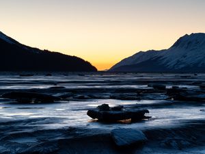 Preview wallpaper river, stones, cascade, mountains, twilight