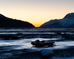 Preview wallpaper river, stones, cascade, mountains, twilight