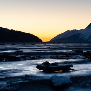 Preview wallpaper river, stones, cascade, mountains, twilight