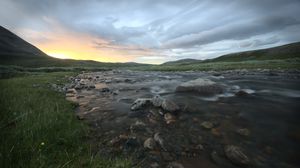 Preview wallpaper river, stones, clouds, sunset