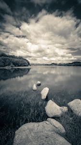 Preview wallpaper river, stones, clouds, landscape, black and white