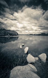 Preview wallpaper river, stones, clouds, landscape, black and white