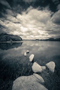 Preview wallpaper river, stones, clouds, landscape, black and white