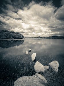 Preview wallpaper river, stones, clouds, landscape, black and white