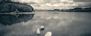 Preview wallpaper river, stones, clouds, landscape, black and white