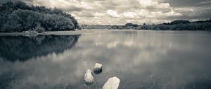 Preview wallpaper river, stones, clouds, landscape, black and white