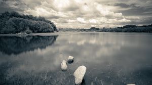 Preview wallpaper river, stones, clouds, landscape, black and white