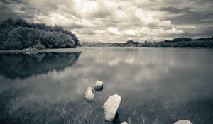 Preview wallpaper river, stones, clouds, landscape, black and white