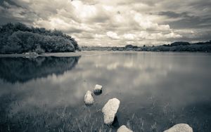 Preview wallpaper river, stones, clouds, landscape, black and white