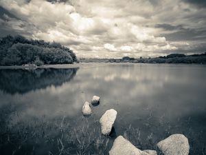 Preview wallpaper river, stones, clouds, landscape, black and white