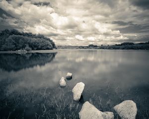 Preview wallpaper river, stones, clouds, landscape, black and white