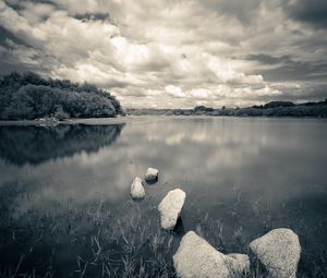 Preview wallpaper river, stones, clouds, landscape, black and white