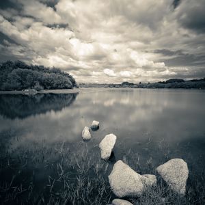 Preview wallpaper river, stones, clouds, landscape, black and white