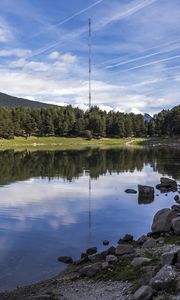 Preview wallpaper river, stones, forest, tower, nature