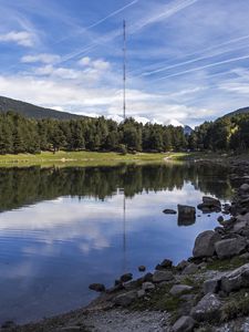 Preview wallpaper river, stones, forest, tower, nature