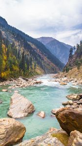 Preview wallpaper river, stones, hills, trees, nature