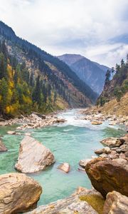 Preview wallpaper river, stones, hills, trees, nature