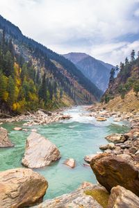 Preview wallpaper river, stones, hills, trees, nature