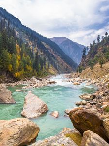 Preview wallpaper river, stones, hills, trees, nature