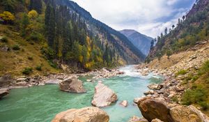 Preview wallpaper river, stones, hills, trees, nature