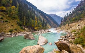 Preview wallpaper river, stones, hills, trees, nature