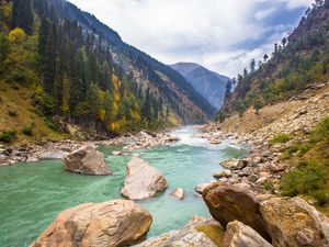 Preview wallpaper river, stones, hills, trees, nature