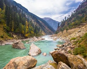 Preview wallpaper river, stones, hills, trees, nature