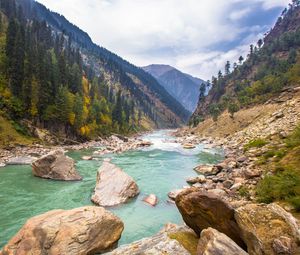 Preview wallpaper river, stones, hills, trees, nature
