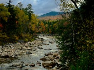Preview wallpaper river, stones, landscape, trees, forest, mountains