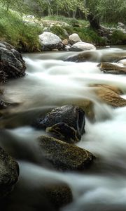 Preview wallpaper river, stones, landscape, long exposure