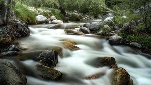 Preview wallpaper river, stones, landscape, long exposure